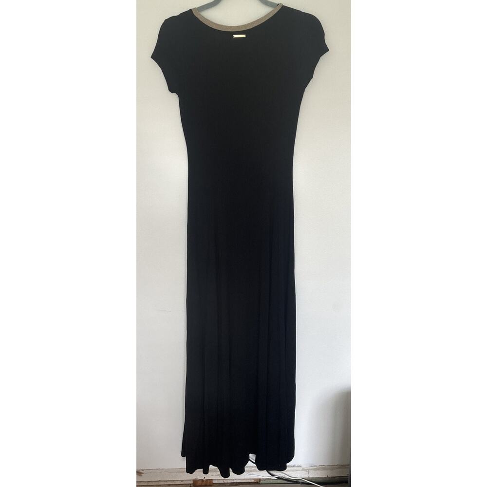 Michael Kors Black Maxi Dress XS Gold Trim Short Sleeve Slit - Picture 7 of 8